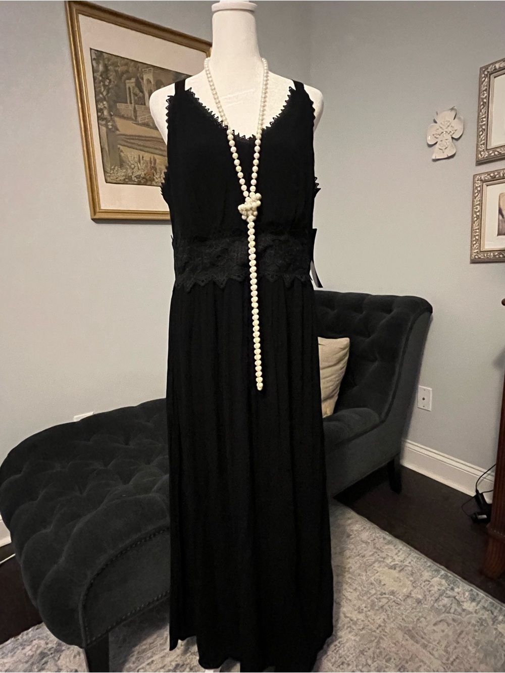 Nina Leonard Black Lace-Trim Crinkle Maxi Dress